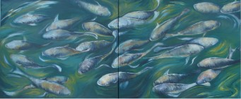 Blue Fish on water 2 pieces canvas Oil on canvas 70 X 180 cm 