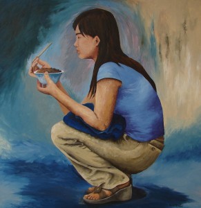 Eating Chinese foodMuzi Oil on Canvas 110 X 110 cm